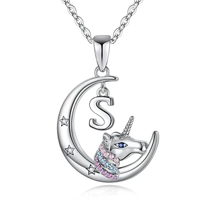 Image of TINGN Girls&#039; Jewelry Unicorns Gifts Silver Unicorn Necklace Initial Pendant Crescent Moon for Girls Christmas Birthday Girls(L)