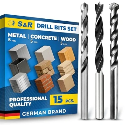 Image of S&amp;R drill bit set 15 pcs: 5 wood bits, metal concrete bits in plastic box
