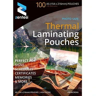 Image of Zentesi A5 Laminating Pouches High Gloss Laminator Sleeves 150 Micron (75 + 75 Microns) Glossy Laminate Pouch Sheets Pack of 100