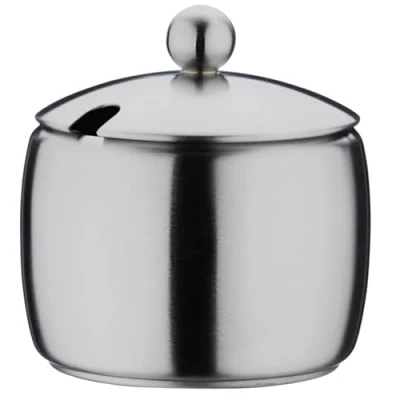 Image of Café Stal Stål Bellux Range Premium 18/10 Stainless Steel Sugar Bowl, Mirror Polished, Knobbed Lid with Teaspoon Groove, 5oz (150ml), BS 005, Silver