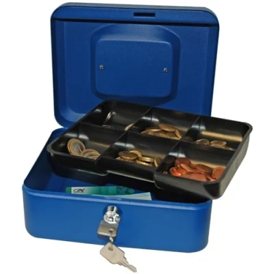 Image of Reskal Lockable Metal Cash Box 20 x 16 9 cm Blue with Coin Holder and 2 Keys Included