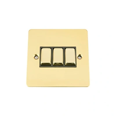 Image of A5 Triple Light Switch 3 Gang Polished Brass Flat Black Metal Rocker 2 Way 10 Amp