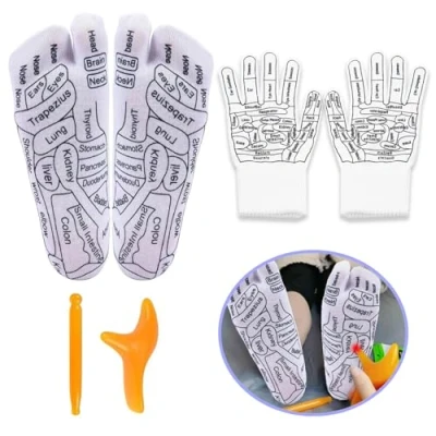 Image of 1 Pair Reflexology Socks with Massage Tool and Acupoint Gloves, Acupressure for Tired Relieve, Foot Improved Health (Women)