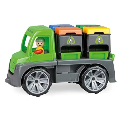 Image of Lena 04453 Truxx Recycling Garbage Approx. 26 cm, Robust, Rubbish Truck with Function, 2 Double Wheelie Bins and Fully Movable Toy Figure, for Children from Years, Green