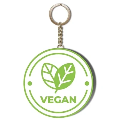 Image of Vegan Two Leaves Design ON White Background with Green Circle 58mm Keyring Bottle Opener