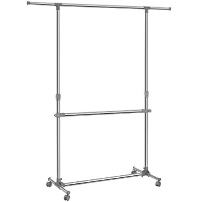 Image of SONGMICS Double Clothes Rail, Clothing Rack with Extendable Top Rail on Wheels, 113 180 cm Height Adjustable Rack, Middle Silver and Grey LLR401