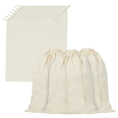 Image of Belle Vous 10 Pack of Cotton Muslin Produce Storage Bags with Drawstrings W40 x H50cm / 15.74 19.68 Inches Reusable, Biodegradable &amp; Eco Friendly Vegetable Canvas