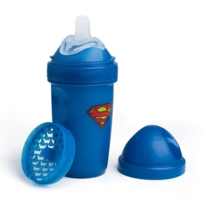 Image of Herobility DC Superman Double Anti Colic Baby Bottle Award Winning Hero Bottles Soft Breast Like Teat, Easy Mixing Lid &amp; Net Safe Environment Friendly Materials 240ml/8.5 fl oz