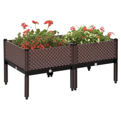 Image of Outsunny 50cm x 46.5cm Set of 2 41L Garden Raised Bed, Elevated Planter Box, Flower Vegetables Planting Container with Self Watering Design and Drainage Holes
