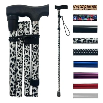 Image of Life Healthcare Walking Stick for Women, Elderly Or Disabled, Folding Adjustable Height, Leopard Print Pattern, Right Left Handed, Non Slip Rubber Tip, Wrist Strap, Lightweight