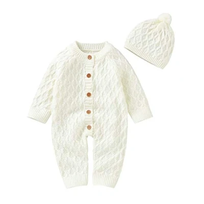 Image of DovFanny Baby Boys Girls Romper Suit Lovely Solid Color Knit Jumpsuit Cute Casual Long Sleeve Winter Warm Outfit Clothes with Hat for Newborn 0 3 Months White