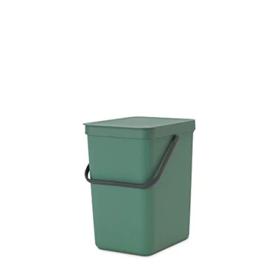 Image of Brabantia Sort &amp; Go Waste Bin 25L Large Recycling for Kitchen Stay Open Lid Carry Handle Easy to Clean Fits Closely the Wall Compost Jade Green 27 x 35 40 cm