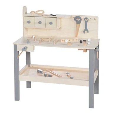 Image of roba Wooden Children&#039;s Workbench Large Work Bench with Tool Set Shelf and 3 Drawers