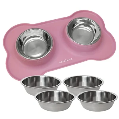 Image of KaraLuna Silicone Bowl Mat with Stainless Steel Feeding I for Cats and Dogs (400 ml, Pink)
