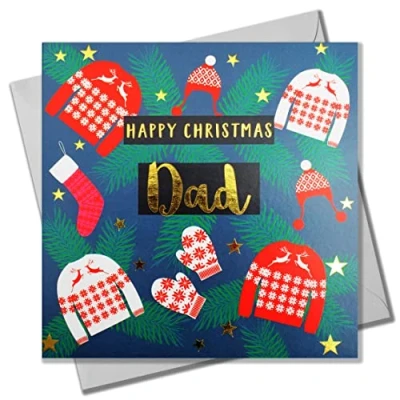 Image of Christmas Card, Dad Jumpers &amp; Mittens, text foiled in shiny gold