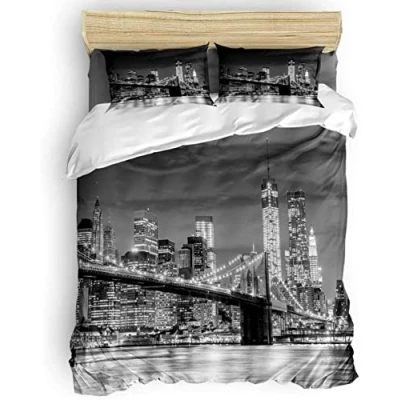 Image of Brooklyn Bridge New York City Skyline Illuminated Bedding Sets 3 Piece Duvet Cover Breathable Quilt with 2 Pillowslips for Guest Room School Dormitory Lining 200x200cm