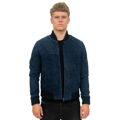 Image of Mens Navy Blue Goat Suede Bomber Jacket Real Genuine Leather MA 1 Varsity Retro M