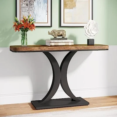 Image of Tribesigns Industrial Console Table, 100 cm Narrow Entryway Foyer Table with Geometric Base, Rustic Hallway Accent for Living Room, Entrance