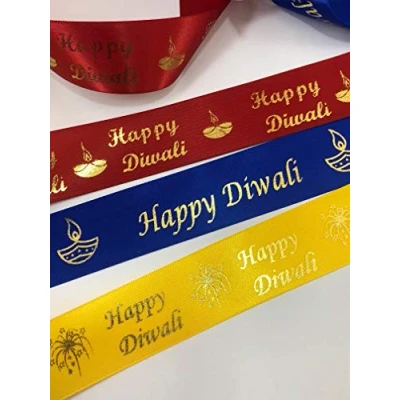 Image of 25mm Red &#039;Happy Diwali&#039; Satin Ribbon Printed with Metallic Bright Gold Text, 1 metre Cut from roll