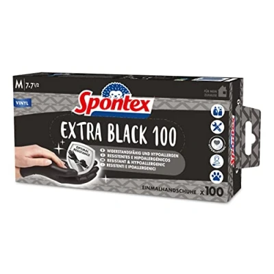 Image of Spontex Extra Black Disposable Vinyl Gloves, Powder Free and Latex Free, Versatile, in Practical Dispenser Box, Size M, Pack of 100,