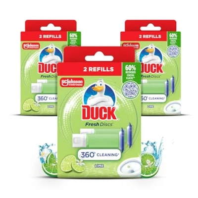 Image of Duck Fresh Discs Toilet Cleaner Refill Twin Multi Pack, Fights Stains That Harbour Germs, Prevents Limescale Build Up, Lime Fragrance, Pack of 3 (Total 6 x Tubes)