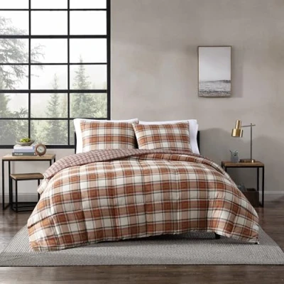Image of Eddie Bauer Edgewood Collection Plush Super Soft Micro Suede Reversible Flannel Duvet Cover Matching Shams, 3 Piece Set, Pre Shrunk &amp; Brushed For Extra Softness, Full/Queen, Red