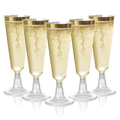 Image of MATANA 48 Premium Elegant Plastic Champagne Flutes with Gold Rim, 150ml Reusable Toasting Glasses, Cocktail Prosecco Glasses for Weddings, Birthdays, Christmas, BBQ, Parties