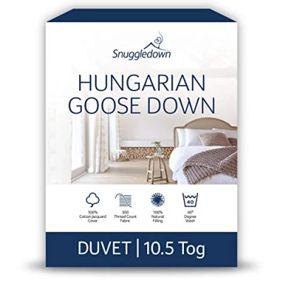 Image of Snuggledown Hungarian Goose Down Single Duvet 10.5 Tog All Year Round Premium Quilt Ideal for Summer &amp; Winter Soft Jacquard Cotton Cover, Hypoallergenic, Machine Washable, Size (135cm x 200cm)