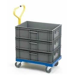 Image of Container Dolly with Handle; 610 x 400 930 Plastic 250kg Blue/Yellow