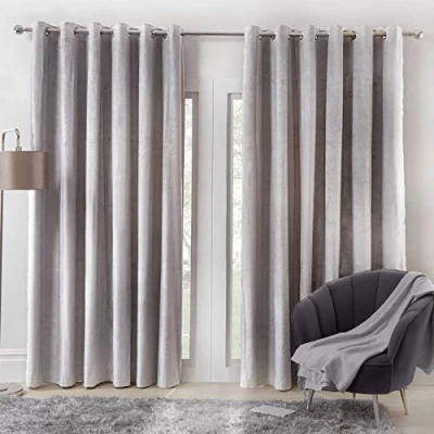 Image of Sienna Capri Matte Velvet Eyelet Curtains Ring Top Pair of Fully Lined Super Soft Silver Grey, 46&quot; wide x 54&quot; drop