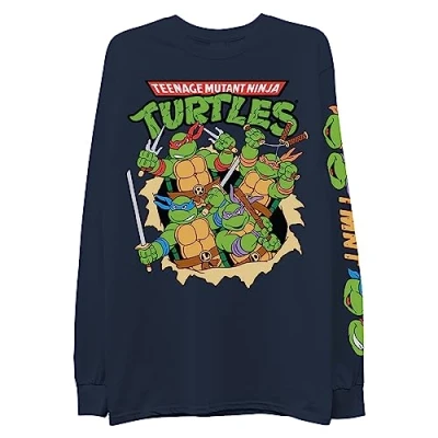 Image of Mens Ninja Turtles Group Shirt Straight from The Sewer TMNT Throwback Classic Long Sleeve T Shirt, Navy, XXL