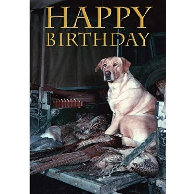 Image of Vintage Labrador Birthday Card. Yellow in back of Shoot Land Rover perfect for people who like shooting and field sports. By Charles Sainsbury Plaice