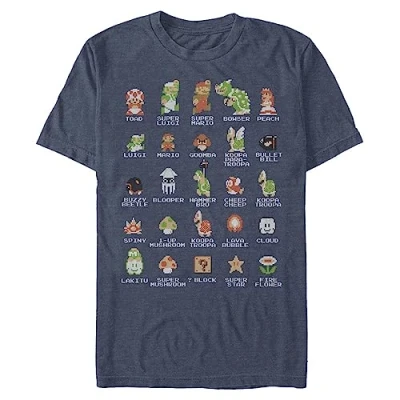 Image of Nintendo mensNNTD0075 10001006Pixel Cast T Shirt Crew Neck Short Sleeves Blue Large