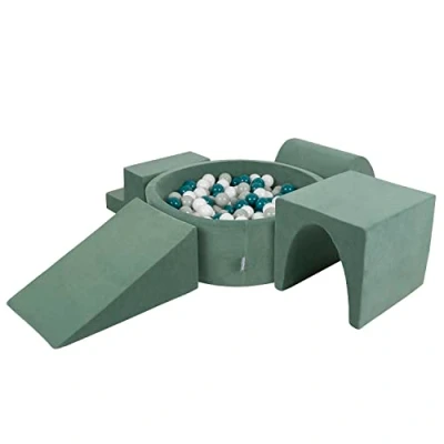 Image of KiddyMoon Foam Playground Velvet For Kids With Round Ballpit (300 Balls ∅ 7Cm/2.75In) Soft Obstacles Course And Ball Pool, Forest Green:Dark Turquoise/Greygreen/White