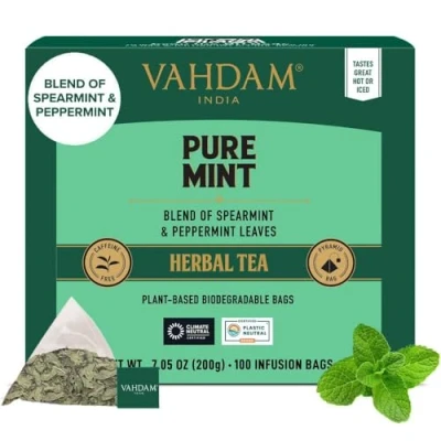 Image of VAHDAM, Pure Mint Herbal Tea (100 Pyramid Bags) Caffeine Free, Non GMO, Gluten Free Blend of 100% Natural Ingredients Peppermint Tea, Spearmint Bags Resealable Ziplock Pouch