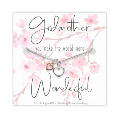 Image of Purple Piglet Gifts Godmother Sterling Silver Rose Gold Heart Necklace Double Two Pendant Box Chain Versatile Design Unique &amp; Thoughtful Gift Godmum Birthday Present
