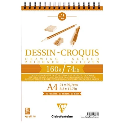Image of Clairefontaine Ref 96674C Wirebound White Drawing Sketch Pad (35 Sheets) A4 Sized, 160gsm Paper, &amp; Smooth Acid Free, pH Neutral