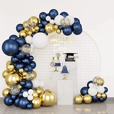 Image of 174Pcs Navy Blue Balloons Garland Arch Kit, Metallic Gold Latex White Confetti Foil for Birthday, Graduation, Baby Shower, Wedding, Anniversary Decoration