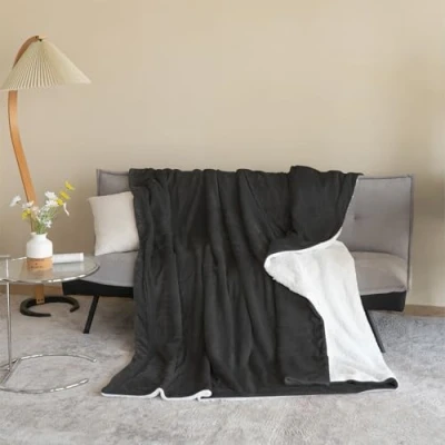 Image of Good Nite Bed Blankets Extra Thick 230x270cm Sherpa Fleece Blanket Throw Reversible Microfibre Winter Bedspread For Bedding Couch Sofa (Black, Super King Thick)
