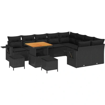 Image of vidaXL 12 Piece Garden Sofa Set with Cushions Black Poly Rattan Acacia