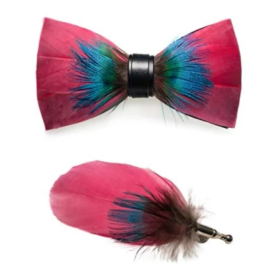 Image of JEMYGINS Burgundy Feather Bow tie Leather and Brooch Sets for Men(6)