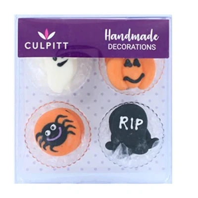Image of Culpitt Halloween Cake Decorations, Ghost, Pumpkin, Gravestone and Spider Cupcake Edible Sugar Toppers Pack of 12