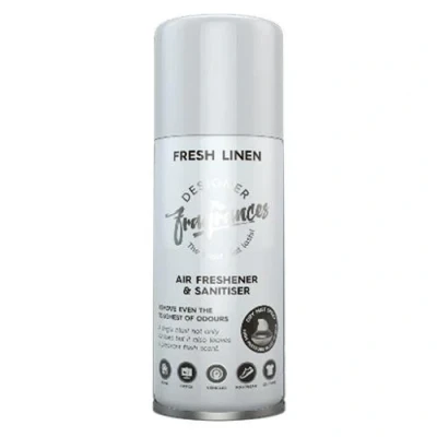 Image of Designer Fragrances Fresh Linen Blast Can Air Freshener &amp; Sanitiser, Use in the Car, At Home, On Furniture, Shoes Dry Mist Quick Release Spray Deodorizes Neutralises Smells  400ml