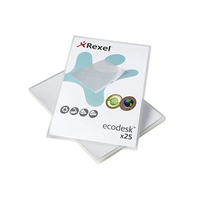 Image of Rexel Ecodesk A4 Document Folders, Pack of 25,100% Recyclable, Eco friendly,140 Micron Thick, Embossed mat surface, 2102243, Clear