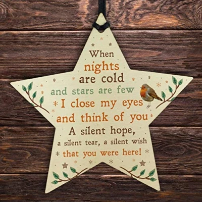 Image of RED OCEAN Christmas Memorial Bauble For Mum Nan Dad Grandad Robin Wooden Star Keepsake