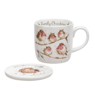 Image of Wrendale Designs &#039;Family Christmas&#039; Robin Mug &amp; Coaster Set