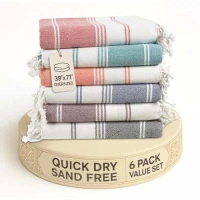 Image of Lane Linen Beach Towels 6 Pack, 100% Cotton Oversized Towel, Pre Washed Large Stylish Pool For Adults, Quick Dry Lightweight Travel 39&quot;x71&quot; Multi Colors
