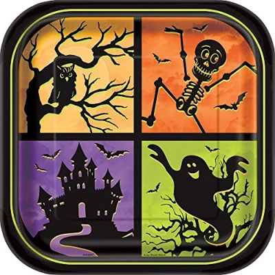 Image of Unique Party 46535 23cm Square Haunted House Halloween Plates, Pack of 8