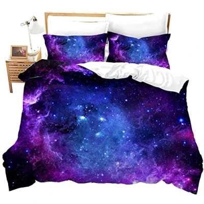 Image of Loussiesd Galaxy Duvet Cover Set King Size for Girls Boys Kids Starry Sky Bedding Bright Blue Purple Comforter with 2 Pillowcases Stars Style Soft Microfiber Zipper 3 Pcs Novely
