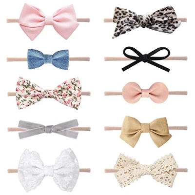 Image of DRESHOW 10 Pack Baby Headbands for Girls Newborn Nylon with Bows Hair Accessories